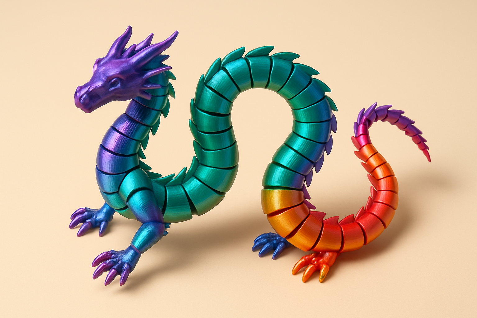 Rainbow articulated 3D-printed dragon